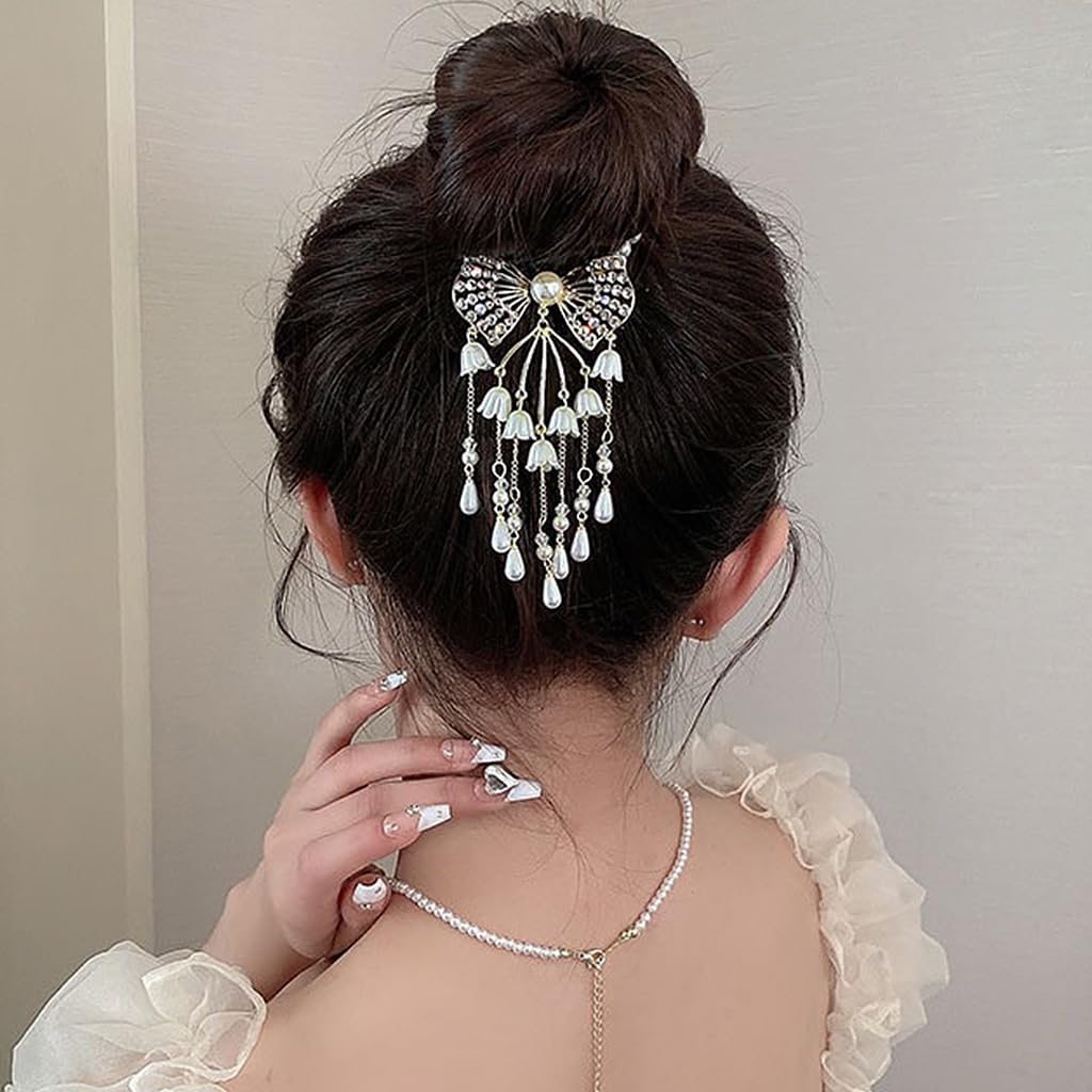 Venzina Hair Bun Accessories for Women with Pearl Tassels and Rhinestone Bow Clip | Elegant Wedding and Party Hairpiece