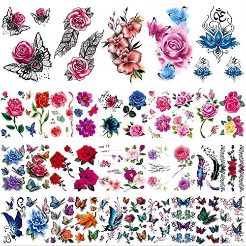 MAYCREATE® 35 Sheets Temporary Tattoos Sticker for Women Men Waterproof Tattoo Sticker Flowers Temporary Tattoos Stickers Roses Butterflies Assorted Tatto Sticker for Body Art Tattoos Multi