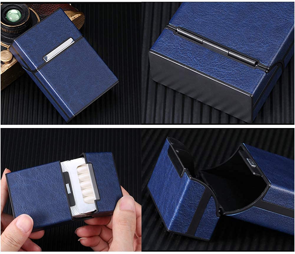 HASTHIP Cigarette Case for 20 Regular Size Cigarettes with Magnetic Flip Top and Blue PU Leather | Compact 9.3 x 6 x 2.7cm Portable Holder