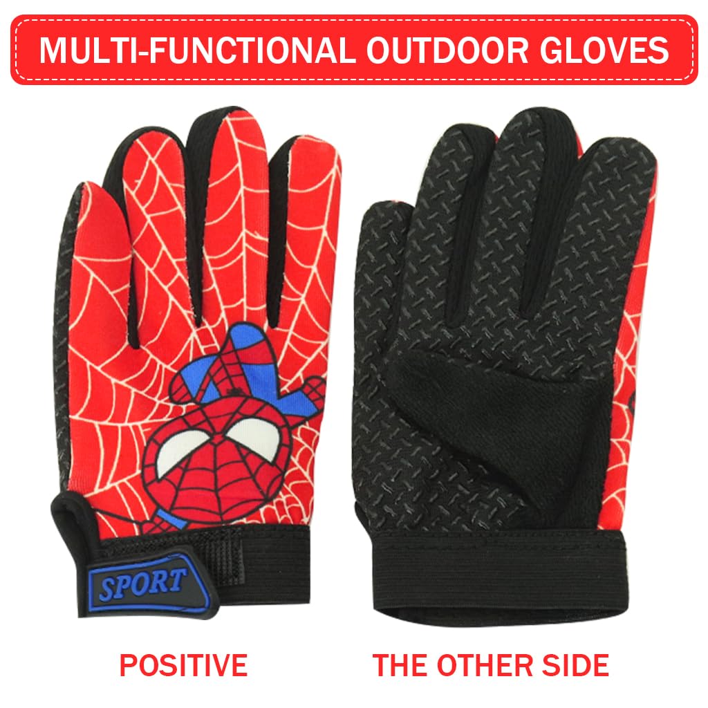 PROBEROS Kids Riding Gloves for Cycling with Anti Slip Palm and Adjustable Wrist | Red Cartoon Print Cotton for Ages 2 to 5