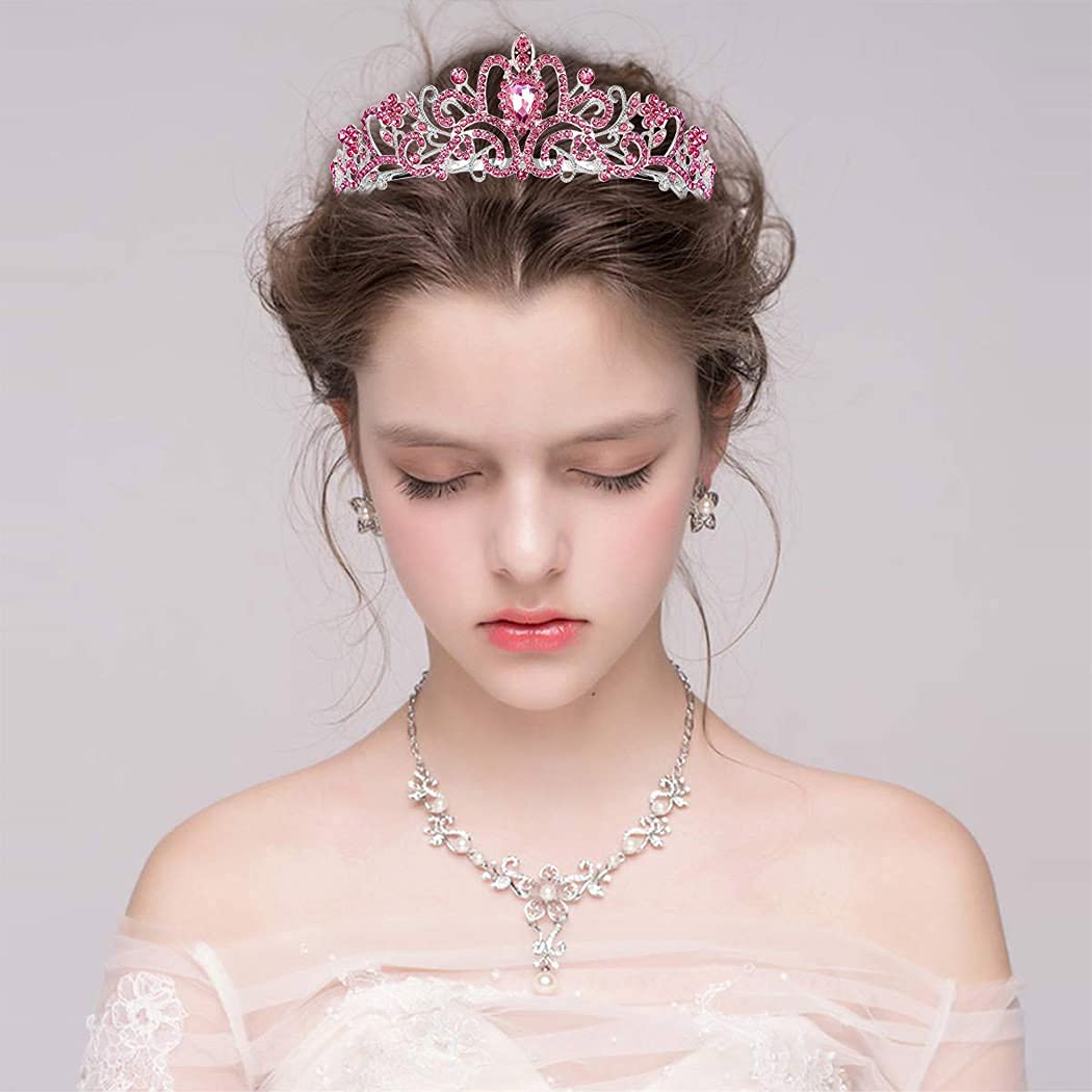 PALAY Didder Silver Tiara Crown for Women with Pink Crystals and Combs | Bridal Prom Birthday Accessory