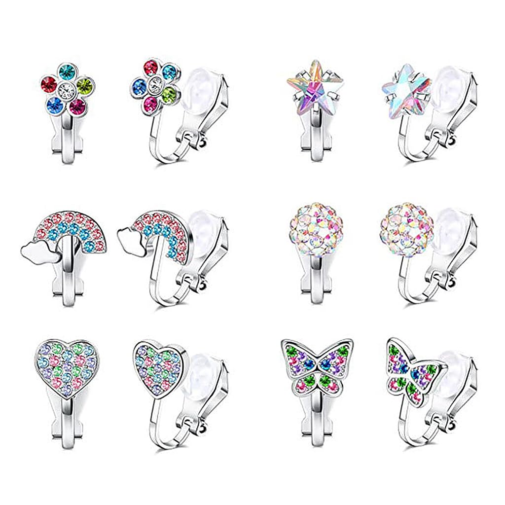 SANNIDHI® 6 Pairs Silver Earrings for Girls Stylish Clip-on Princess Stud Earrings for Girls Cute Shining Crystal Heart Butterfly Kids Earrings for Girls Jewelry Gift - Non-Piercied