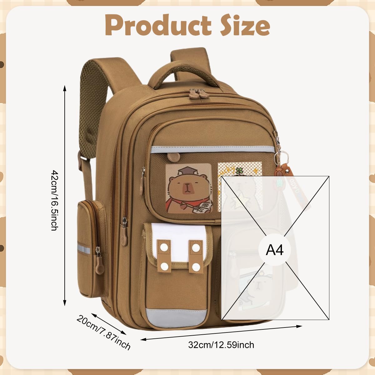 Climberty Capybara Backpack for Girls with 6 Badges and Post Cards featuring Ergonomic Support | Multi Compartment Kawaii School Bag