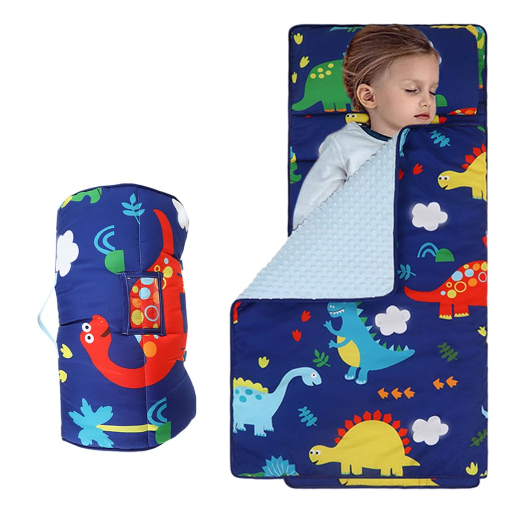 SNOWIE SOFT® Kids Blanket Dinosaur Blanket for Boys Polyester Cotton Blanket for Kids, 3 in 1 Sleeping Mat with Pillow, Sheets, Toddler Folding Dinosaur Baby Blanket for 0-5 Years, 49.2x19.6 Inches