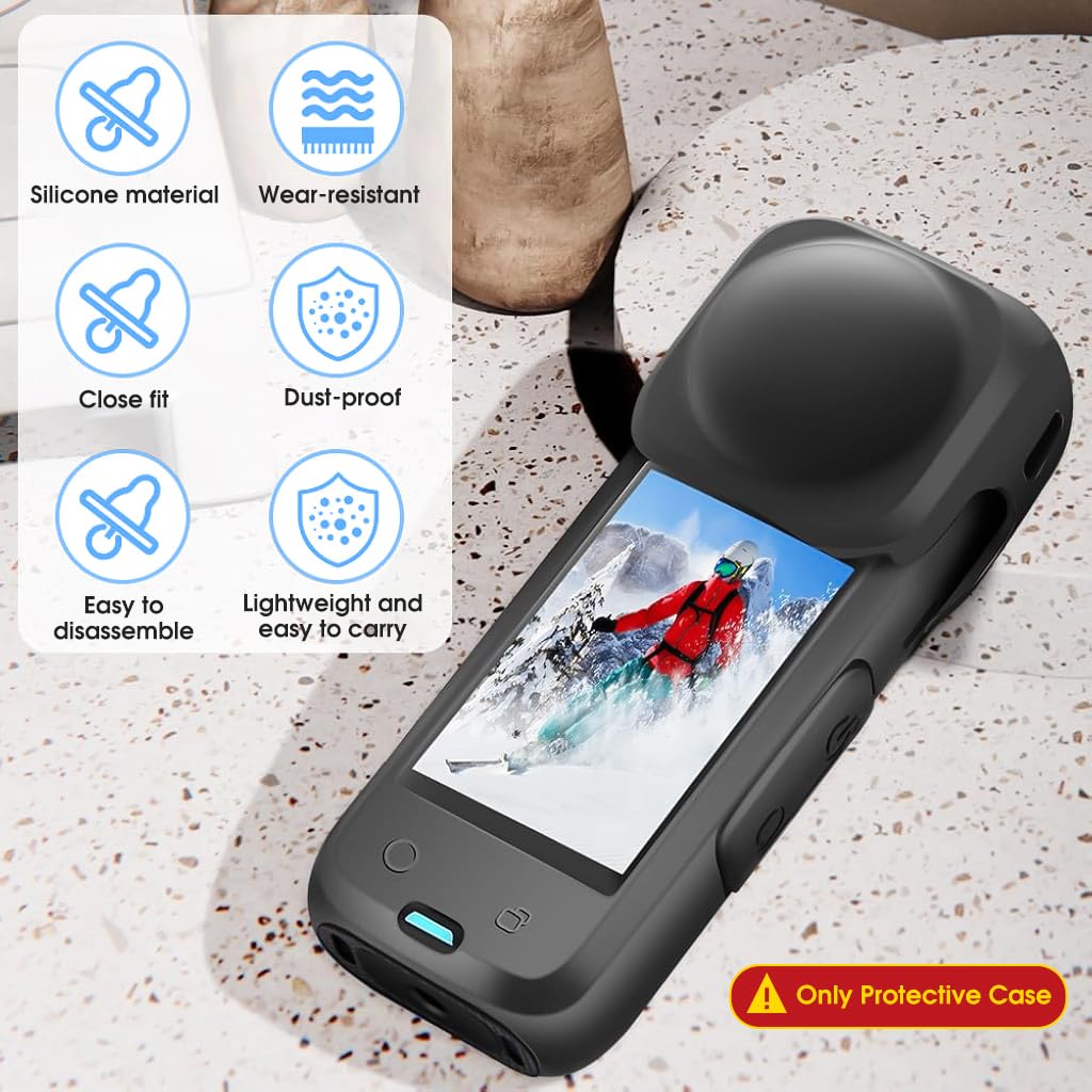 ZORBES Silicone Protective Case for Insta360 X4 with Dual-Layer Lens Cover | Black Waterproof Design