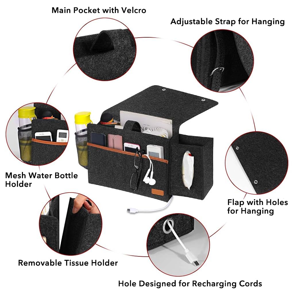 HASTHIP Bedside Organizer for Sofa and Bed with Flip Board and Eyelets | Felt Storage Caddy