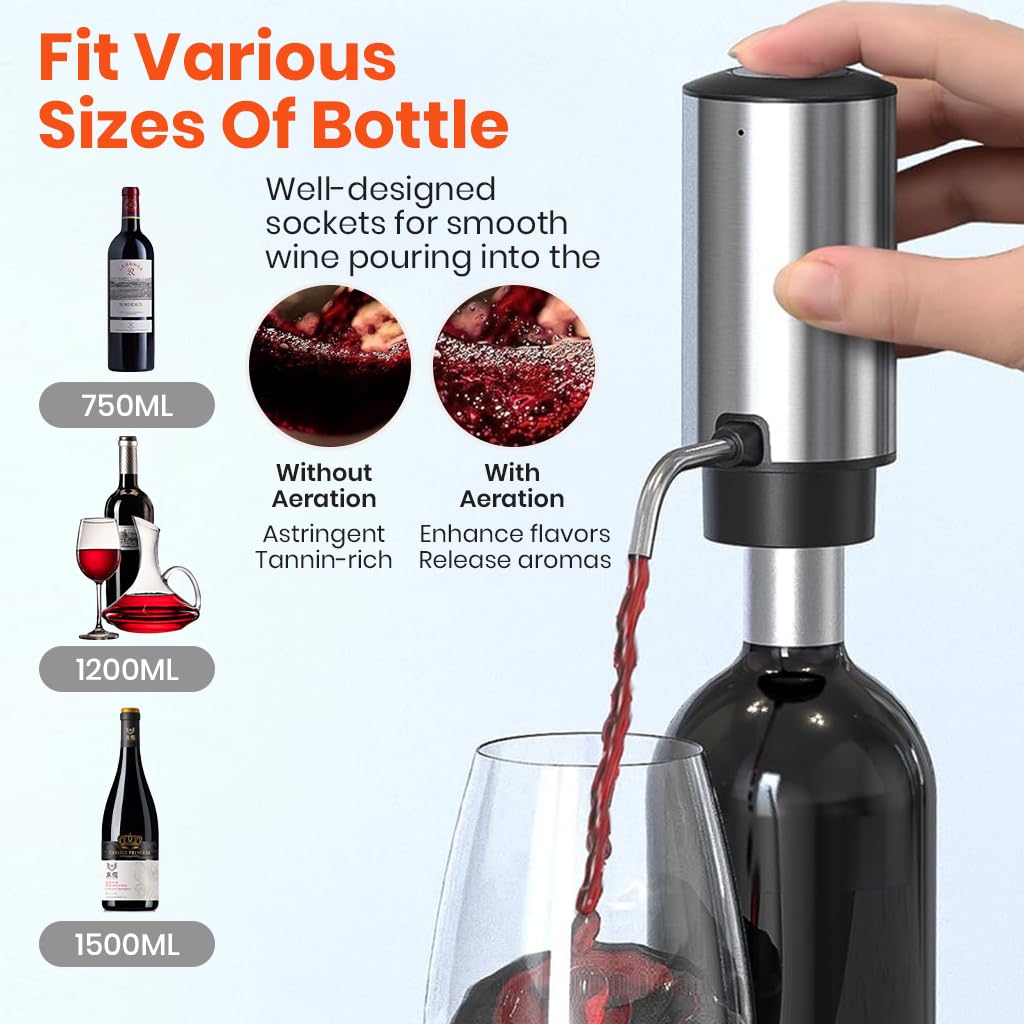 HASTHIP® Electric Wine Aerator Pourer Automatic Wine Dispenser Pump with Retractable Stainless Steel Pipe & Storage Stand Base One-Touch Button Control Instant Oxidation Smart Wine Aerator Decanter