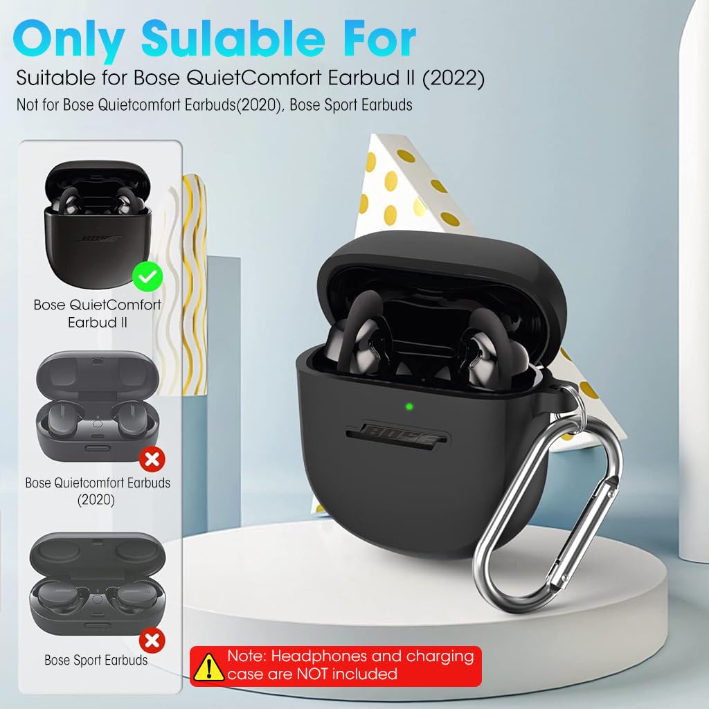 Zeitel Case for Bose QuietComfort Earbuds 2 with Carabiner Clip and Shockproof Silicone Cover | Waterproof Black Charging Accessory