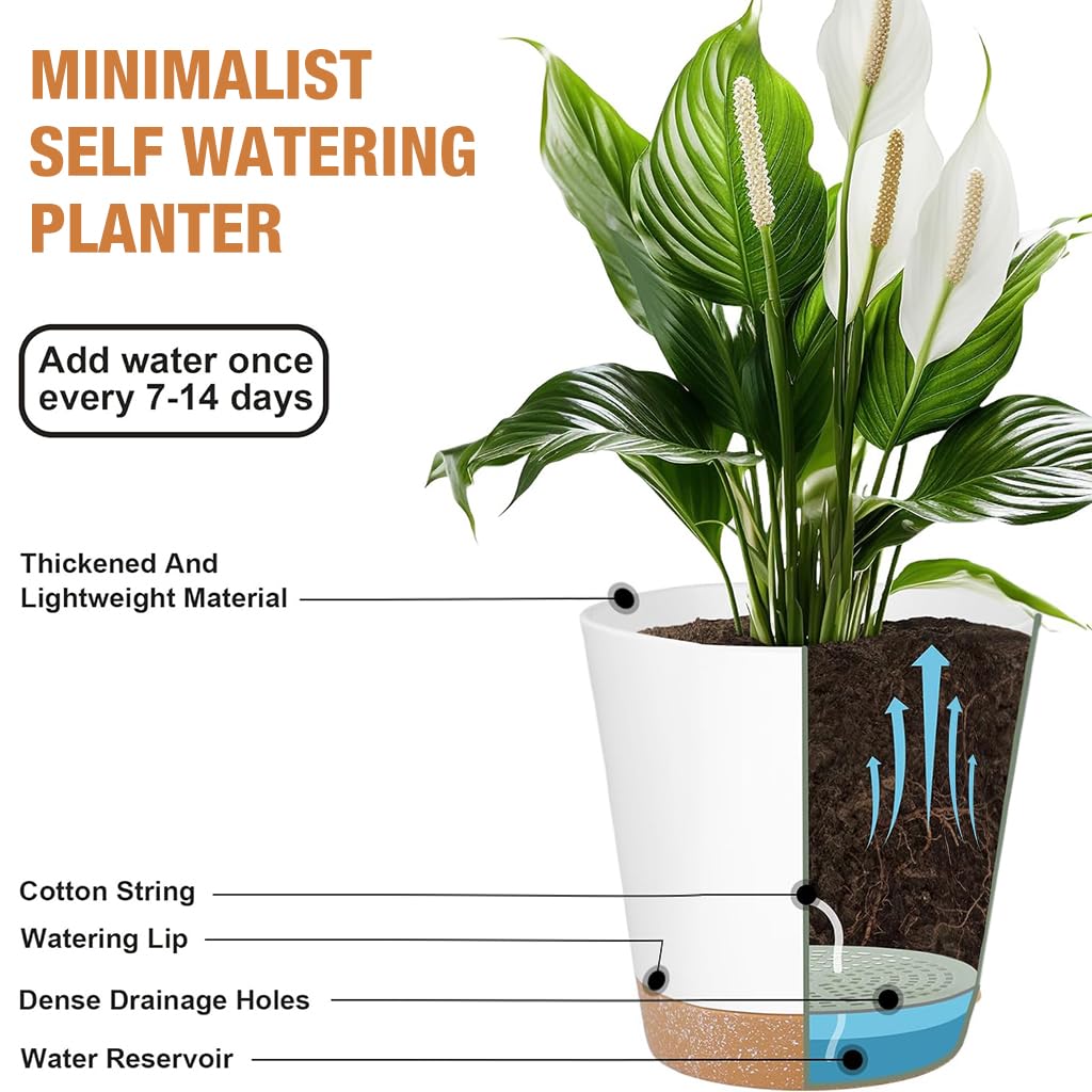 HASTHIP Self Watering Planters for Indoor and Outdoor Use featuring Drainage Holes and 6 Size Options | Recyclable Plastic Pots with Saucers in White