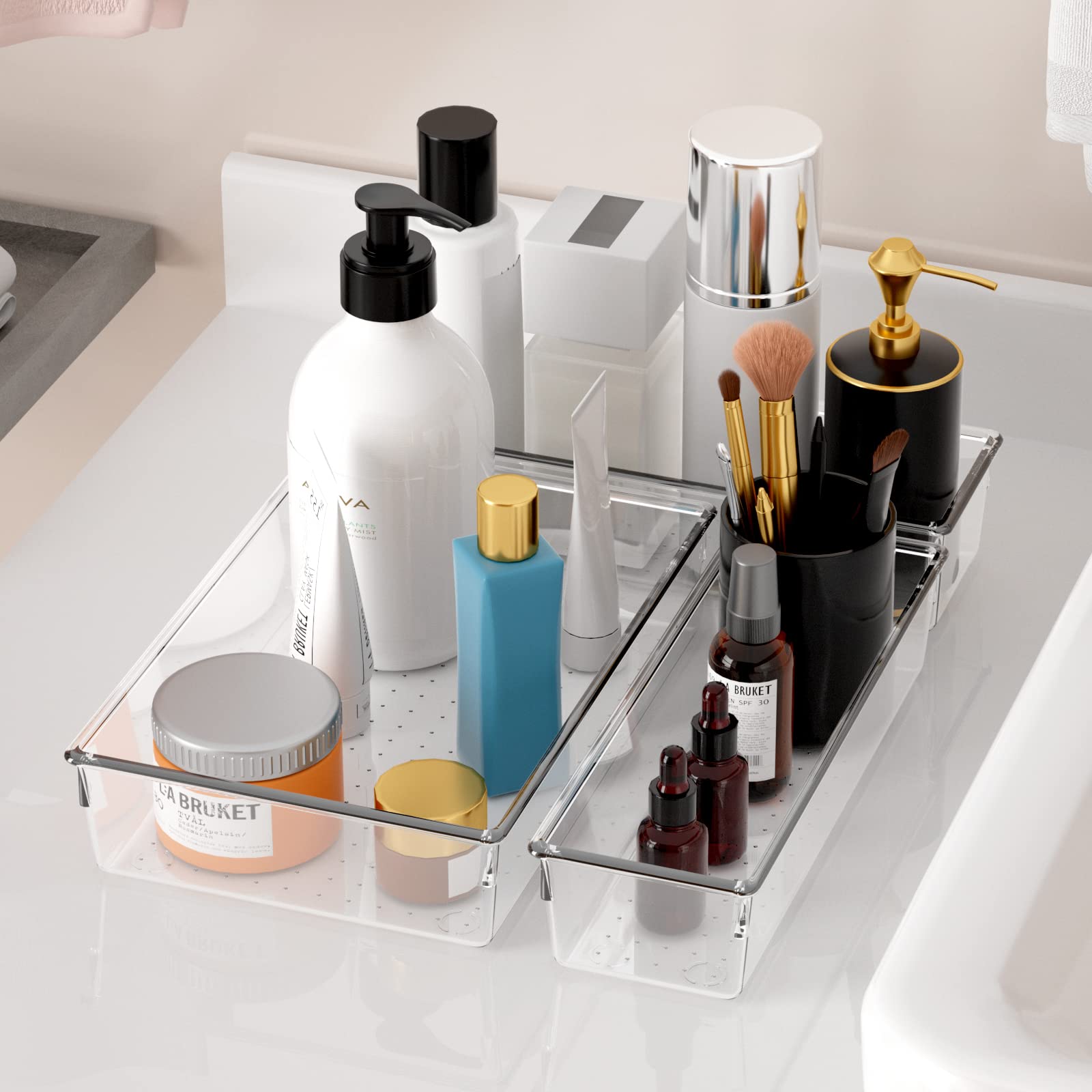 HASTHIP 25-Piece Clear Plastic Drawer Organizer Set - Multi-Size Makeup & Jewelry Storage - Non-Slip, Stackable Bins for Office, Kitchen & Vanity - Versatile Organizing Solution for Home & Workspace