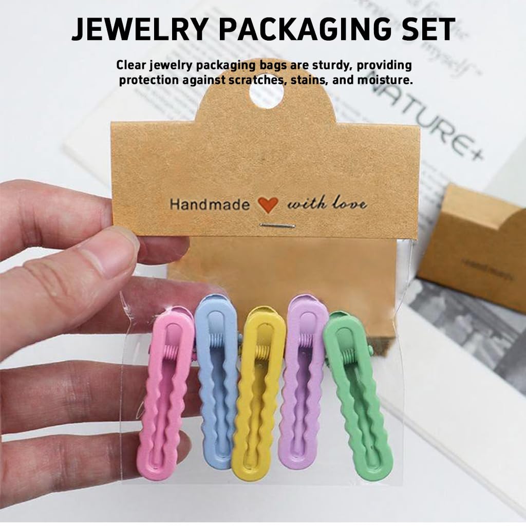 HASTHIP Jewellery Organiser Pouch Set for Rings and Necklaces with 100Pcs 8x10cm Clear Bags | Includes Brown Cardstock Handles for Display and Gifting