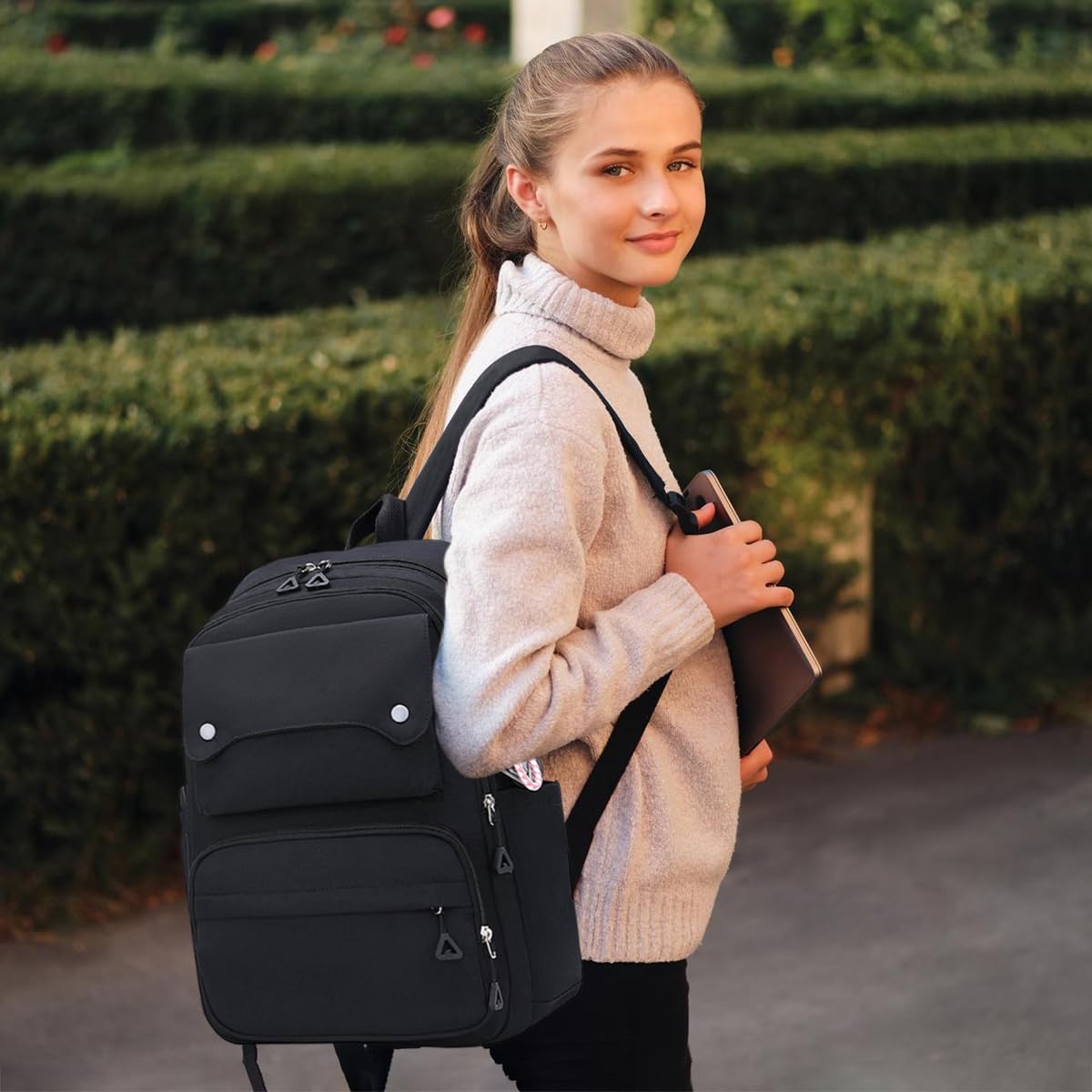 PALAY® School Bag School Girls Backpack Large Capacity 26L School Backpack Breathable Shoulder Strap Design Travel Backpack Fashion Black Nylon School Backpack Gift for Girls