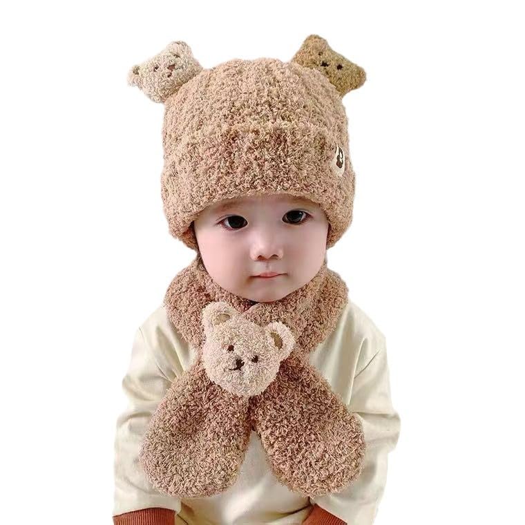 SNOWIE SOFT® Winter Cap for Kids Baby Cap Woolen Cap for Baby Winter Hat Scarf Set, Brown Cartoon Bear Baby Winter Cap for 0 to 3 Year Christmas Gifts