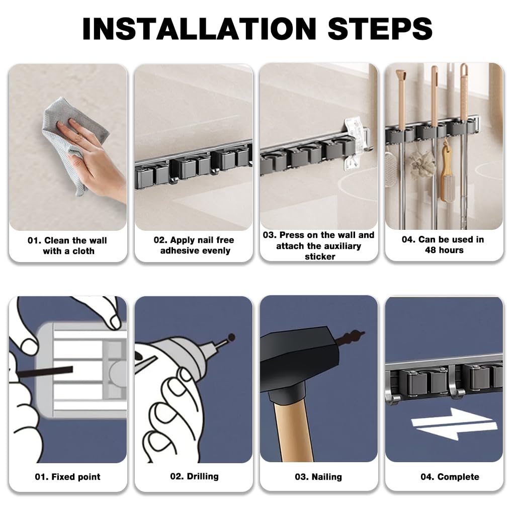 HASTHIP Mop and Broom Holder for Bathroom and Garage with 6 Hooks and Push-in Rail | No-Drill Aluminum Organizer