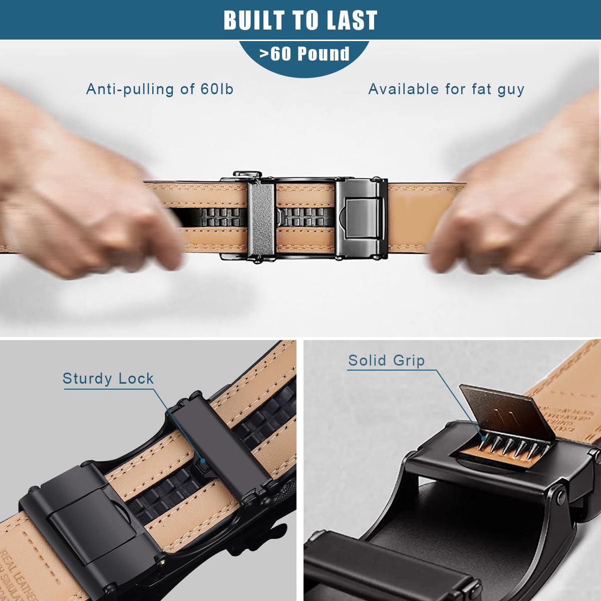 GUSTAVE® Belts for Men Black Slim Leather Belt for Men Fashion Texture Slide Waist Belt Automatic Buckle Belt for Formal or Casual - 130cm Length, Free Adjustable, No Belt Hole