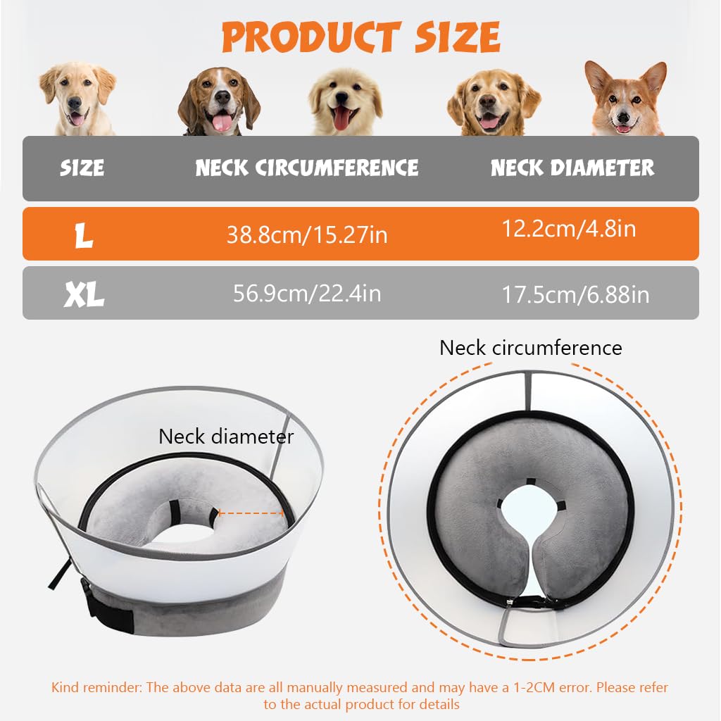 Qpets® Dog Cone Collar, Inflatable Cushion Pillow Cone Collar for Dog Adjustable Hook and Loop Closure, After Surgery Dog Recovery Cone Collar Protective Collar for Dogs Cats - L