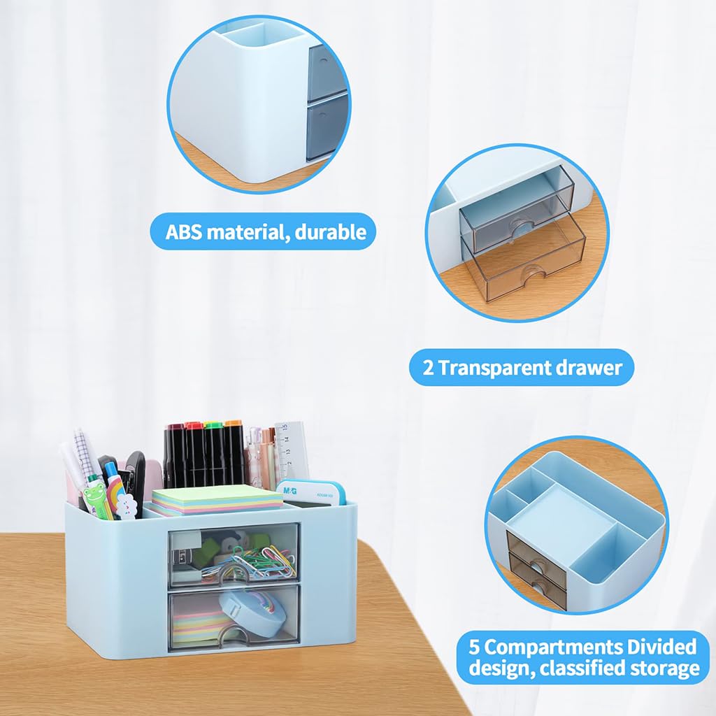 Zibuyu Desk Organiser for Office Table with 2 Drawers and 5 Compartments | Blue ABS Storage Box