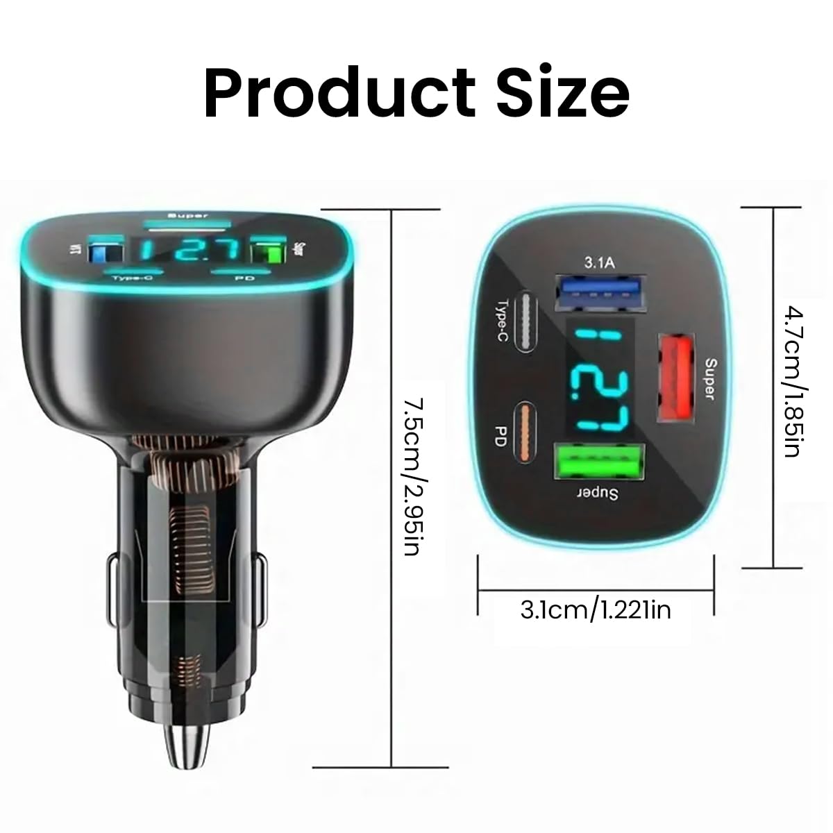 STHIRA USB 3.1 Car Charger for 12V and 24V Vehicles with 106W Output and LCD Display | 5 in 1 Type C PD and USB Ports