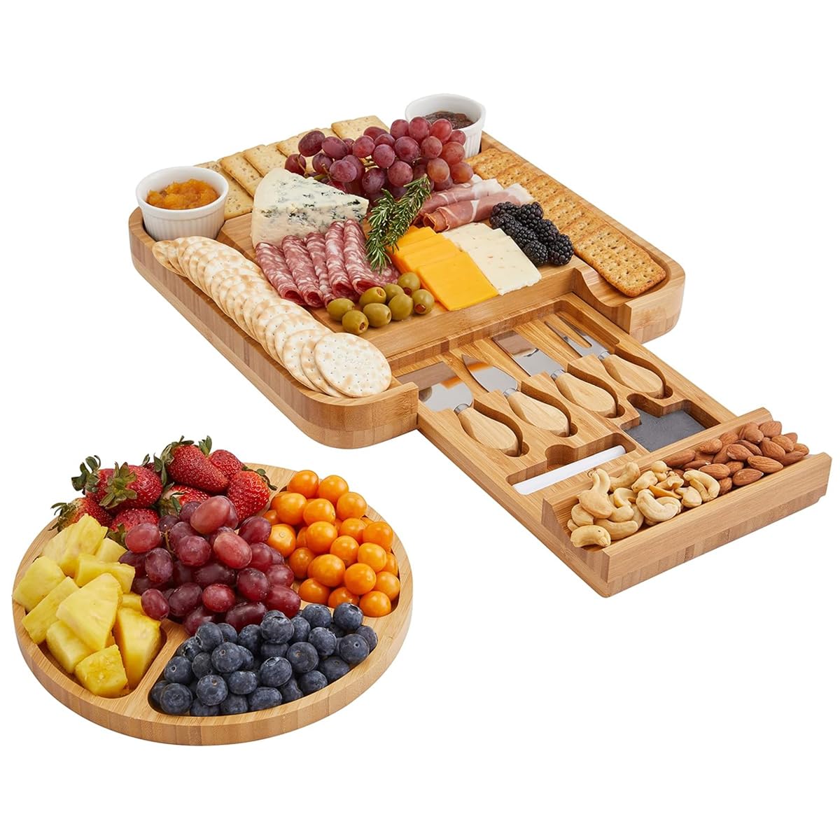 Supvox Bamboo Charcuterie Board Set for Parties with Knife Kit and Ceramic Bowls | 33cm Square Eco Serving Tray