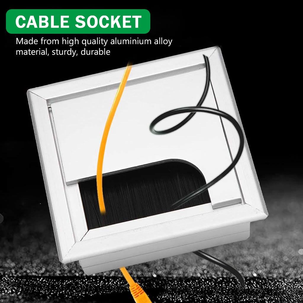 HASTHIP Desk Cable Management Hole Cover for Office Organization with Flip Lid & Brush 80x80mm Aluminium Silver