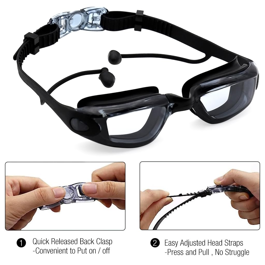 Optifit Adult Swim Goggles for Men and Women with Ear Plugs featuring Anti Fog Lens | Black