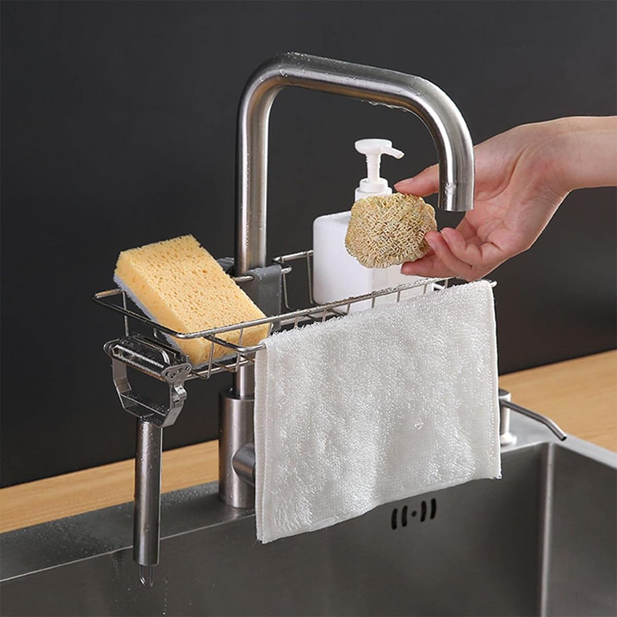 Supvox® Kitchen Sink Caddy Organizer, Sponge Holder Over Faucet Stainless Steel Detachable Hanging Faucet Drain Rack for Kitchen Bathroom, Scrubbers, Soap (Large Size, 15x17cm)