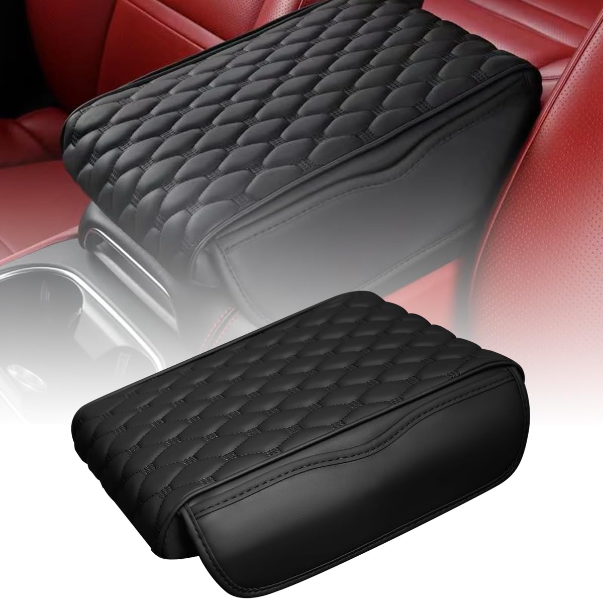 STHIRA Universal Armrest for Car with Side Storage Pouch featuring Ergonomic Cushion 31x16x5cm | PU Leather Comfort Support