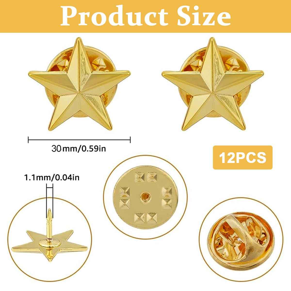 SANNIDHI Star Badge Pins for Memorial Day and DIY Crafts with Pin Back Design | 12pcs Gold Metal Lapel Brooch 30mm