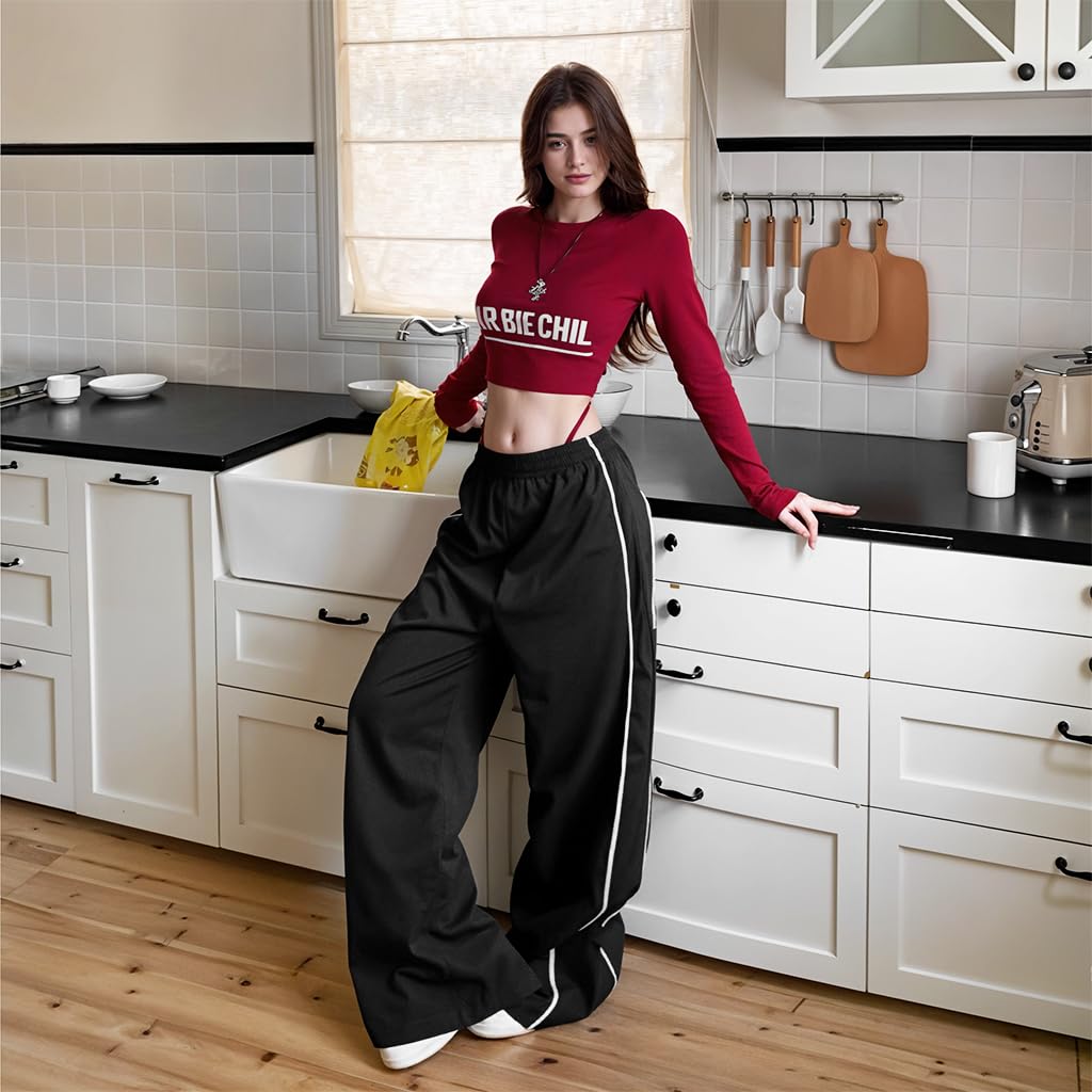 SANNIDHI Womens Wide Leg Sweatpants for Lounge and Workout featuring Quick Dry Polyester | Casual Baggy Joggers with Elastic Waistband and Pockets