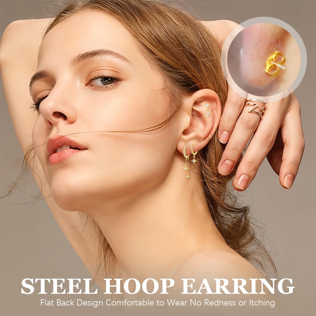 SANNIDHI Earrings Set for Women featuring 3 Pairs Gold Plated Stud Hoop Moon and Star | Multiple Piercing Combo
