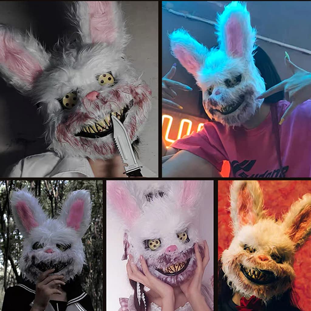 PATPAT® Halloween Party Mask, Scary Mask Bloody Bunny Mask, Plush Head Mask, Cosplay Costume Props Halloween Party Decorations (White)