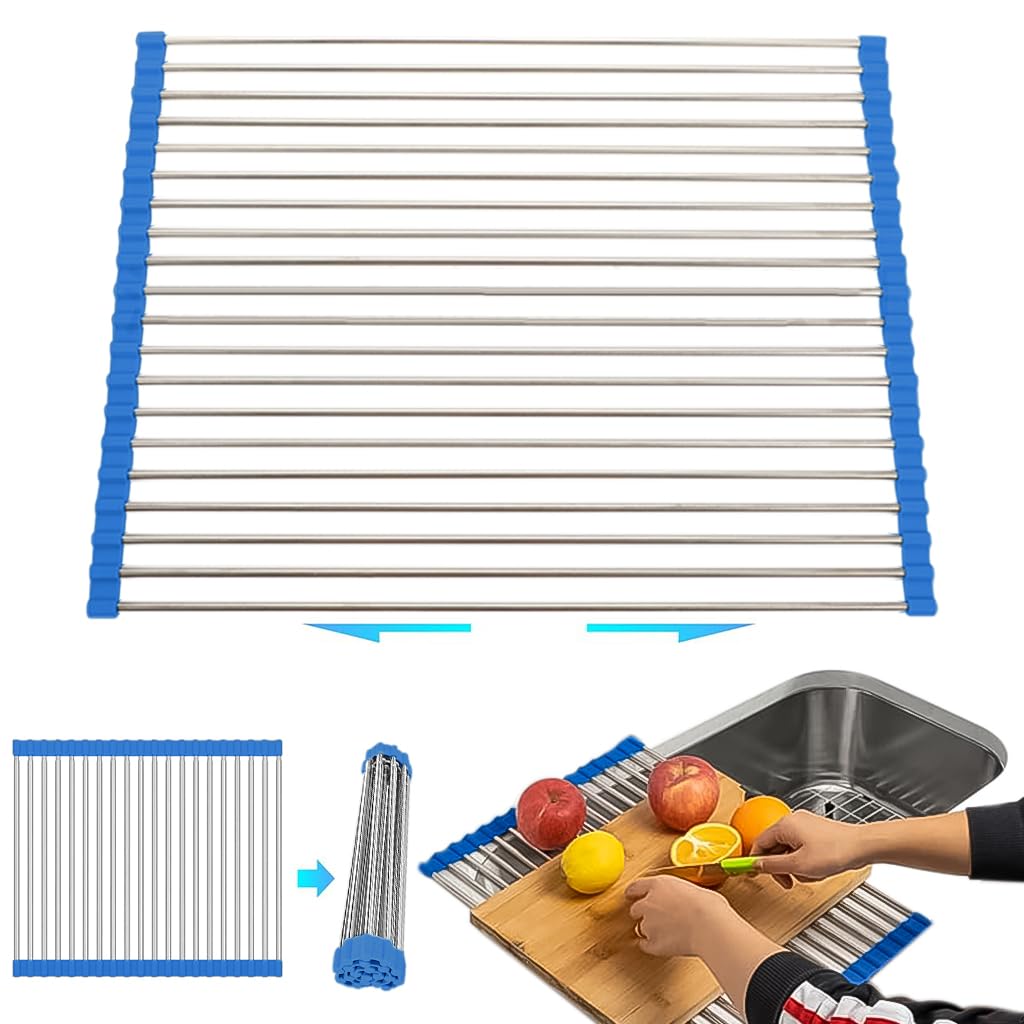 Supvox Dish Drying Mat for Kitchen Sink 20 x 13 in with 18 Rod Roll Up Stainless Steel Rack