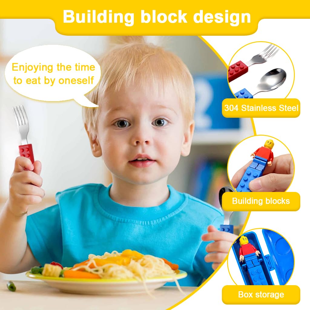 Supvox Kids Cutlery Set for Mealtime Fun with Colorful Building Block Handles and 3 Pieces