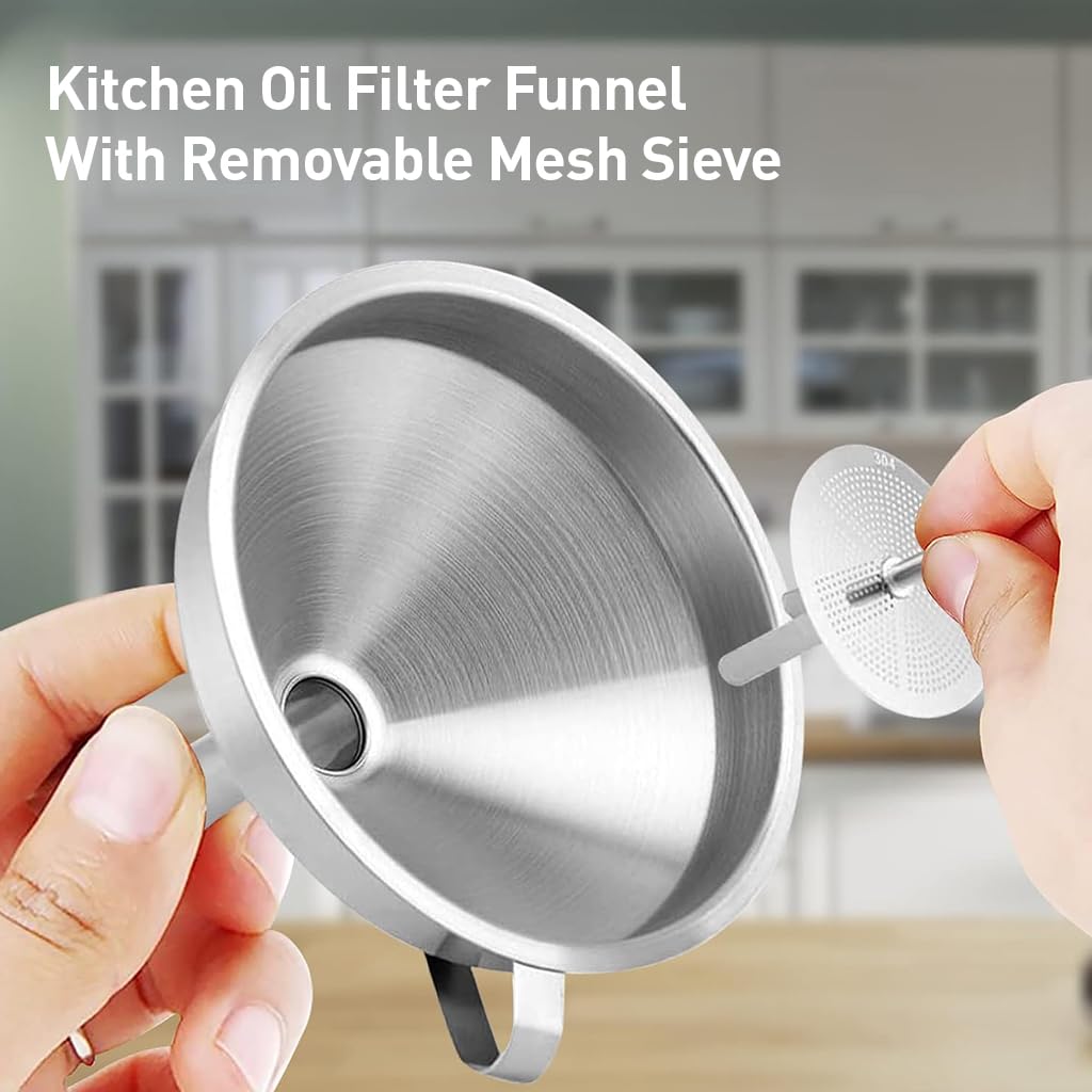 ZIBUYU® Kitchen Oil Filter Funnel 4.3 inches Stainless Steel Funnel with Removable Mesh Sieve Kitchen Oil Transfer Filter Funnel for Cooked Oil Reusable Liquid Filter Funnel for Oil, Juice