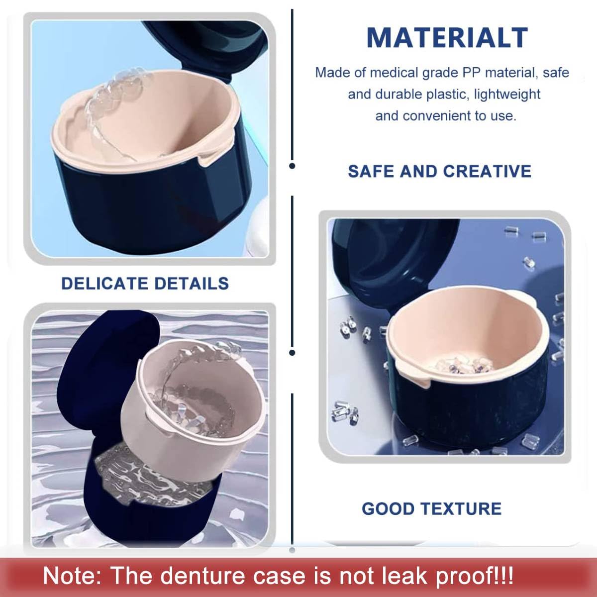 HANNEA Denture Case for Clear Aligners featuring U Shape Safety Lock Design | Blue PVC Portable Box