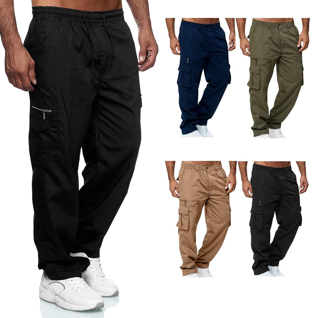 GUSTAVE Cargo Pants for Men with 80cm Elastic Waist and Multi Pockets | Polyester Loose Fit Black Trousers