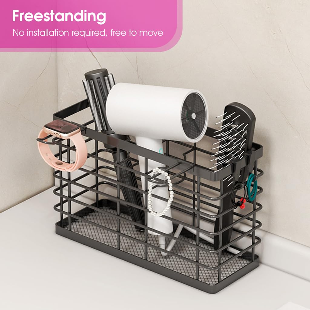 HASTHIP Hair Dryer Stand for Bathroom Organization with Screw Fixed Curved Hooks | Carbon Steel
