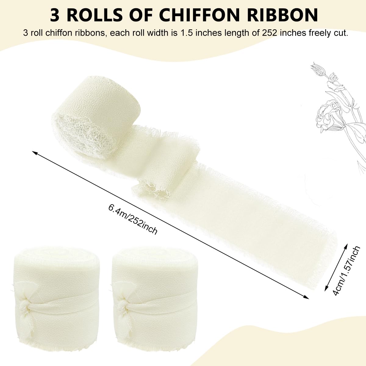 HASTHIP Chiffon Ribbon Set for Wedding and DIY Crafts featuring 3 Rolls 1.5in x 7yd Beige