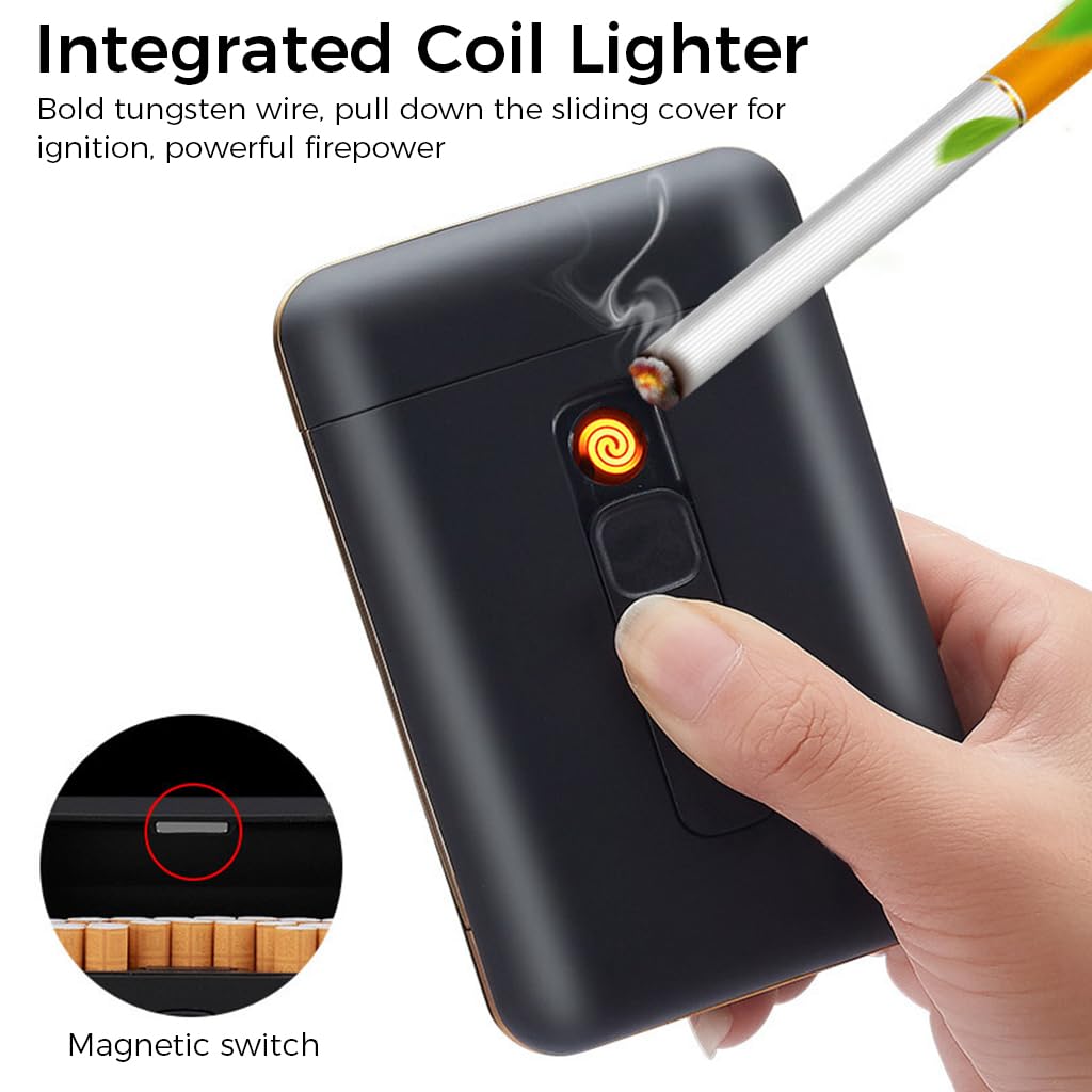 GUSTAVE 2 in 1 Cigarette Case with USB Rechargeable Flameless Coil Lighter for Men | Holds 20 Regular Cigarettes Black