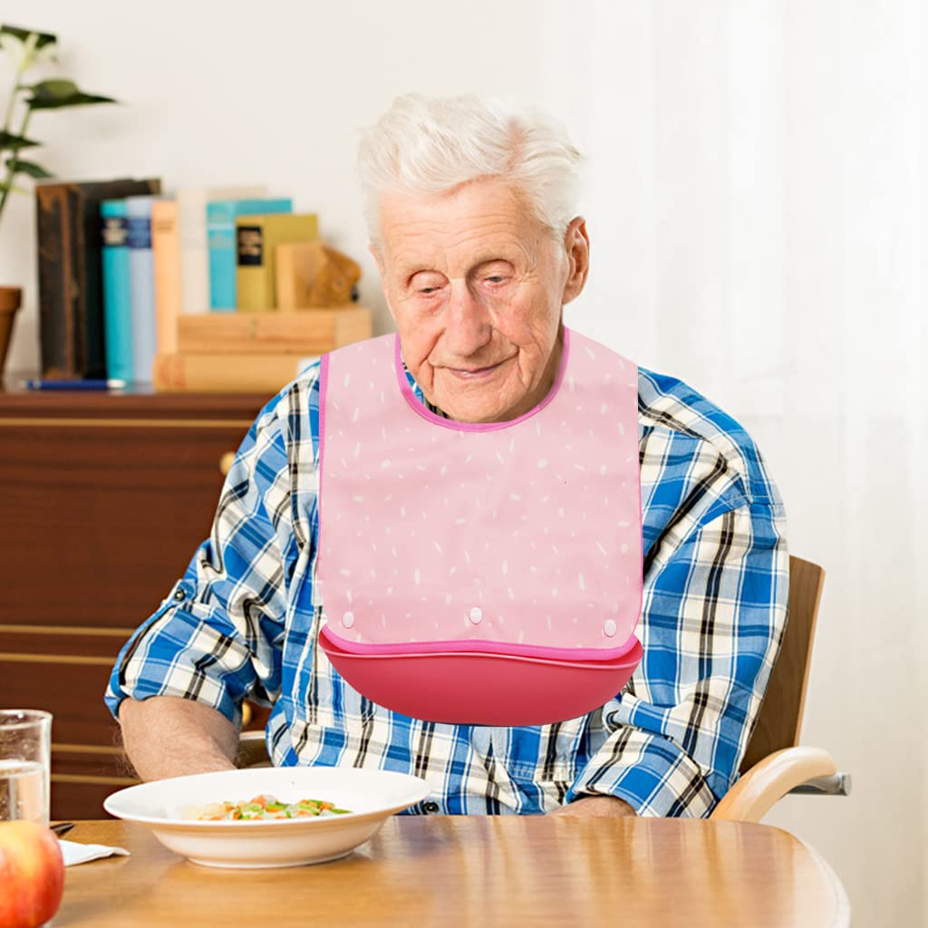 ZIBUYU Adult Waterproof Dining Bibs for Mealtime Protection with Hook & Loop Closure 43x36cm | Reusable Pink Bib for Seniors and Disabled