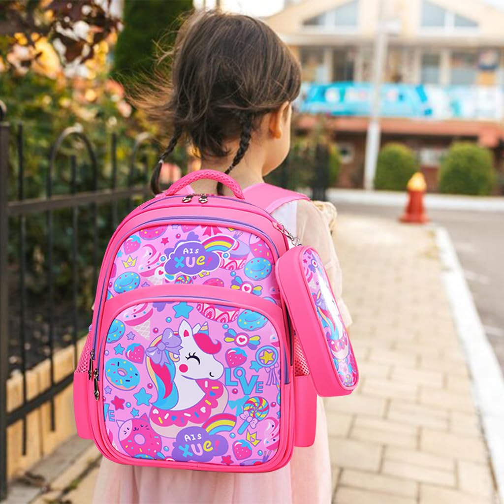 PALAY® School Backpack Pencil Pouch Pink Unicorn Print School Backpack for Schoolgirls, Waterproof Backpack for School, Travel, Camping Burden-relief Backpack School Gift for Kids 6-8Years Old