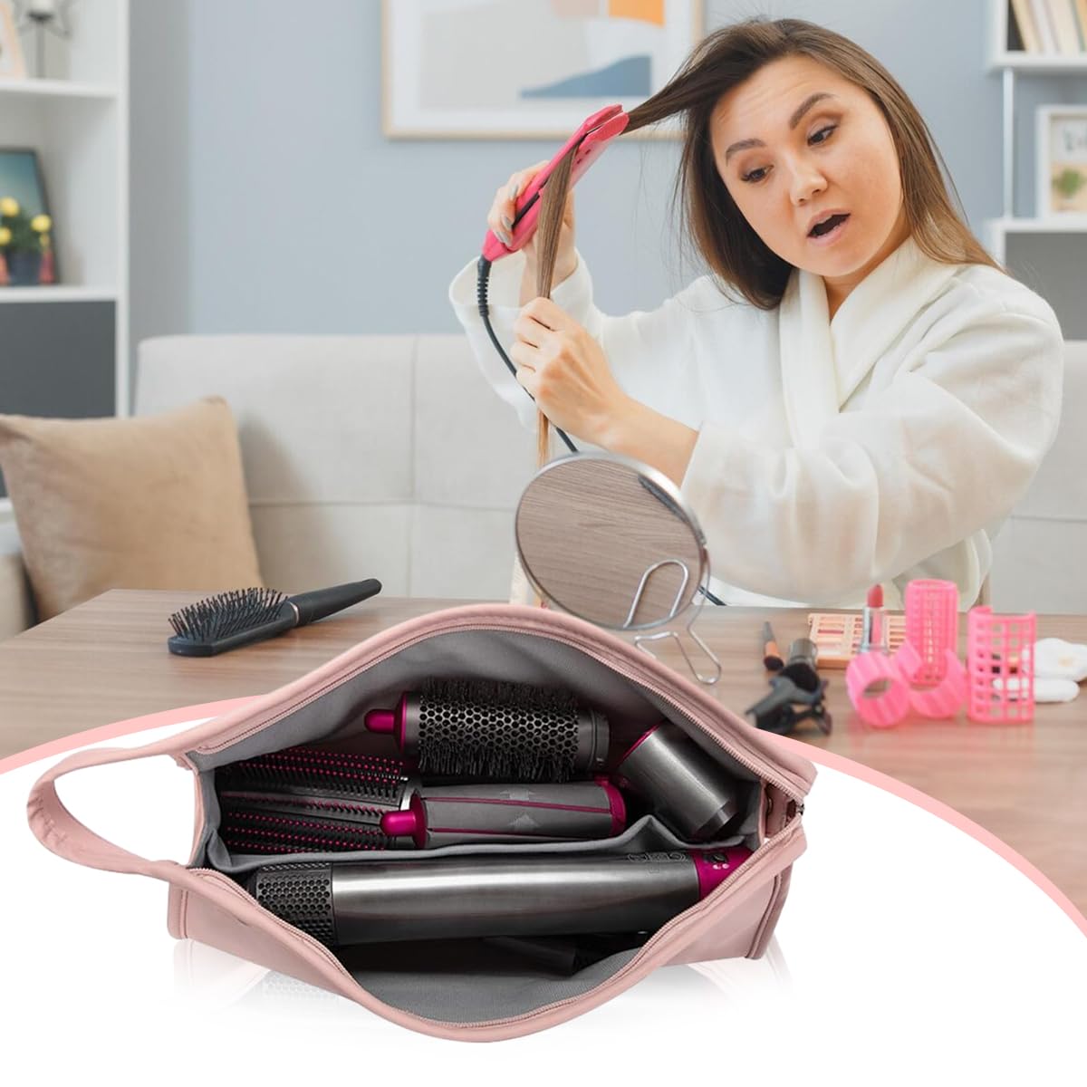 MAYCREATE® PU Leather Travel Case for Airwrap Styler Supersonic Hair Dryer, Waterproof Anti-Scratch Dustproof Shockproof Protection Portable Storage Bag Travel Gift Case, Pink