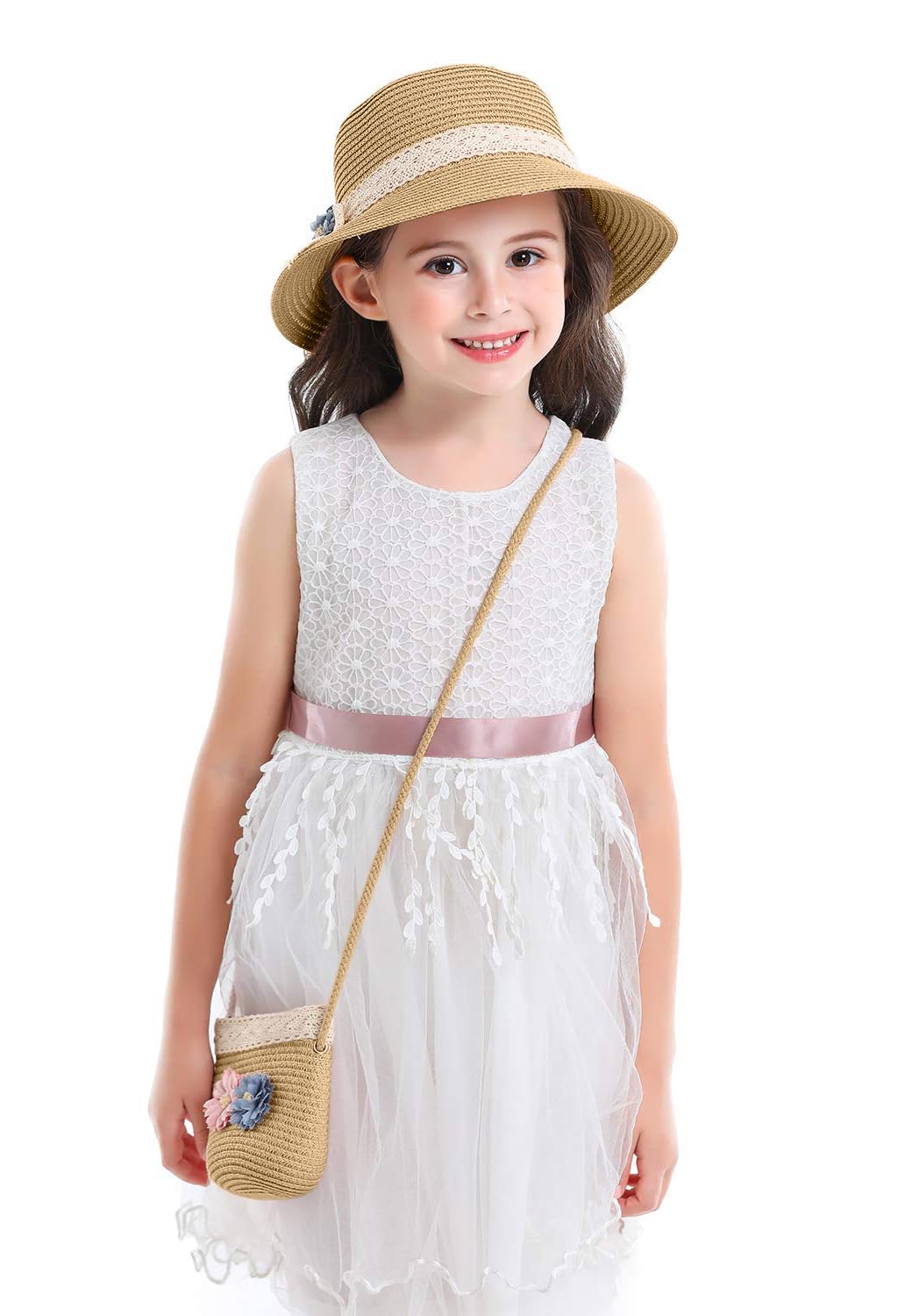 SNOWIE SOFT Straw Hat for Kids with Mini Shoulder Bag featuring Floral Lace Bowknot | Ideal for Girls Beach and Summer Outings