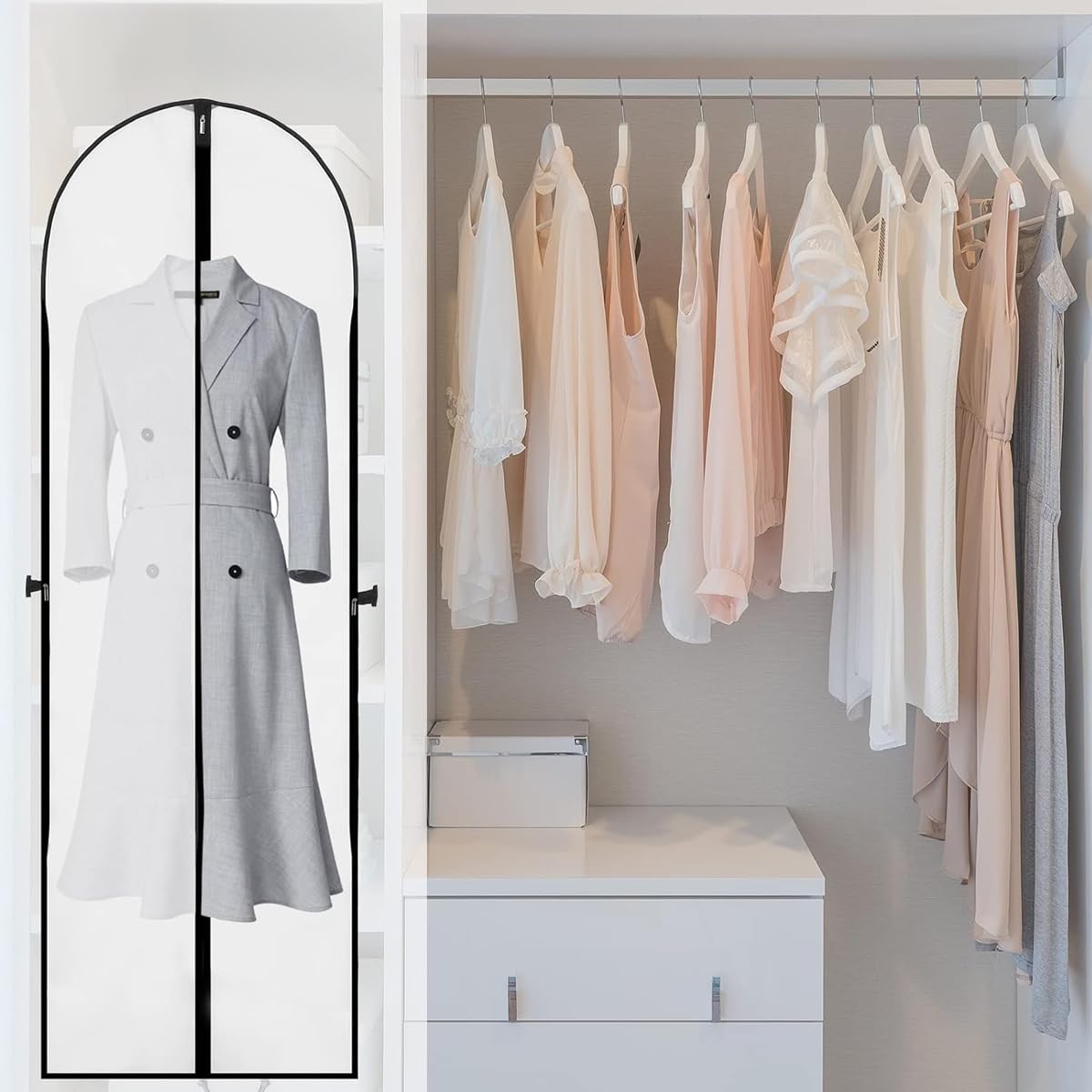 HASTHIP Gown Garment Bag for Wedding and Prom Dresses 70.8x23.6 in with Zipper Window | White Non Woven Fabric Storage