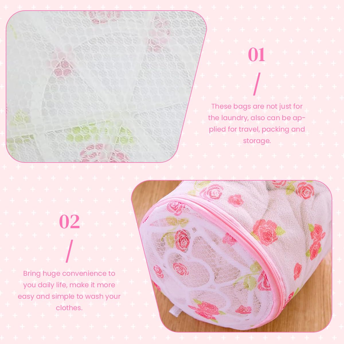 HASTHIP Underwear Laundry Bags 2Pcs Mesh Zipper Pouch with Rose Print for Travel | Clothing Washing Organizer