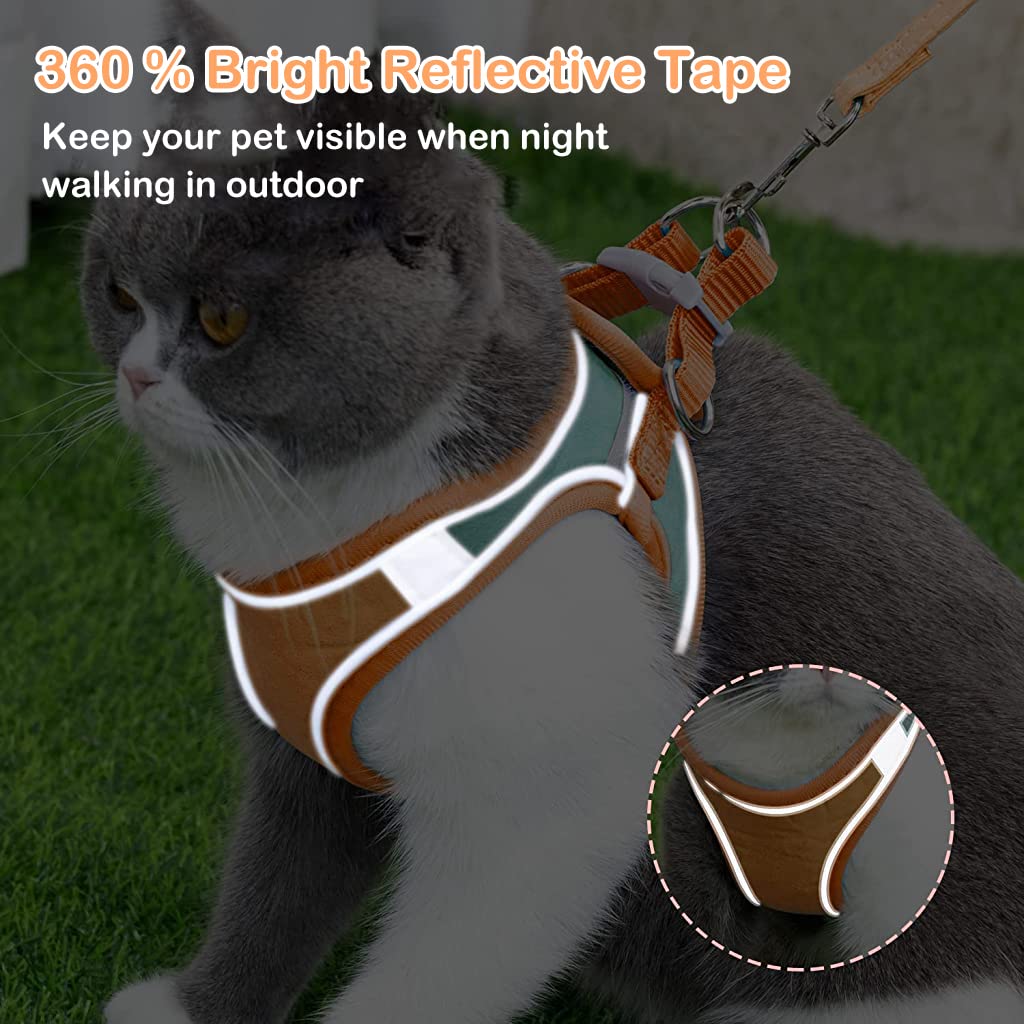 Qpets  Cat Harness with Cat Leash for Walking, Adjustable Soft Sturdy Faux Suede Escape Proof Kitten Vest Harness and Leash with Reflective Strip for Large Medium Small Cat(Green, Orang, M)