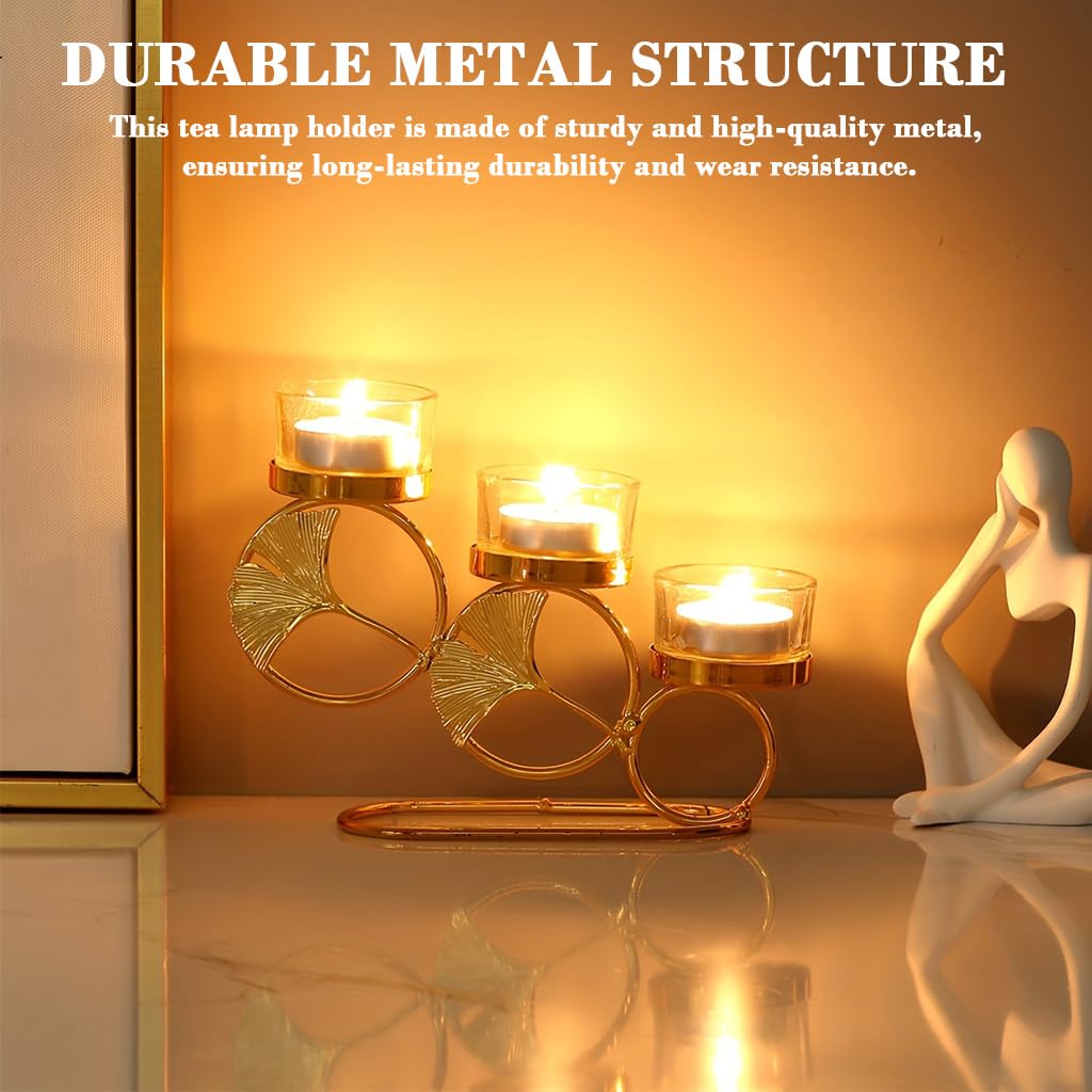 HASTHIP Candle Holder Stand for Home Decor with Three-Cup Design and 7.84x4.72 in Size | Golden Ginkgo Metal Tealight Display