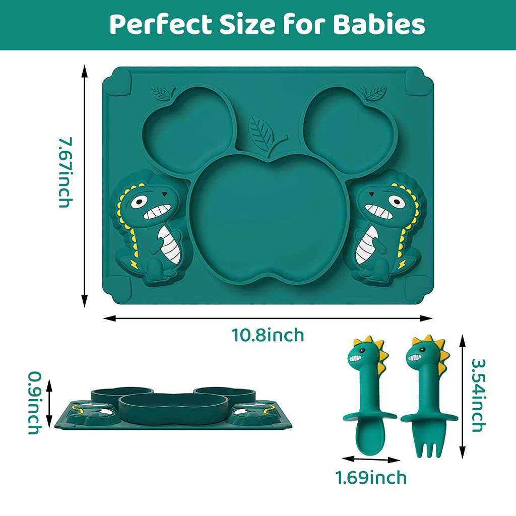 SNOWIE SOFT Baby Suction Plates for Feeding with 3 Divided Deep Sections and Cute Dinosaur Design | BPA Free Silicone Mat for Toddlers