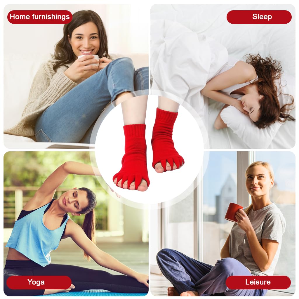 Zibuyu Toe Separator Socks for Yoga and Sports featuring Ergonomic Toe Dividers | Breathable Cotton Red Design for Men and Women