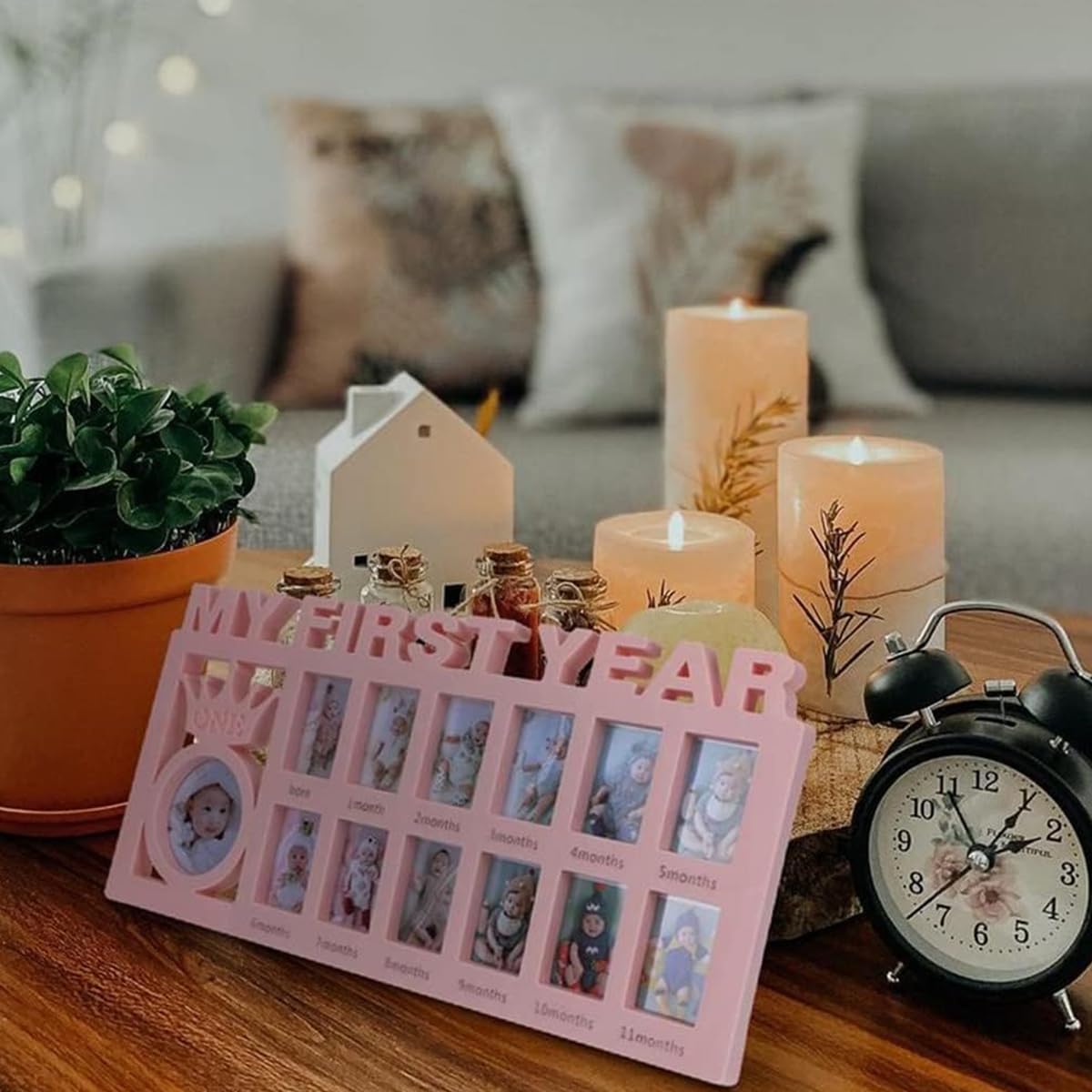 SNOWIE SOFT Photo Frame for Baby First Year Milestones with 12 Slots 42×21.5×2.8 cm | Pink Nursery Keepsake